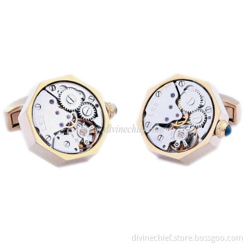 2015 Best Selling Men Movement Cufflinks, Golden Plated Stainless Steel Watch Cufflinks